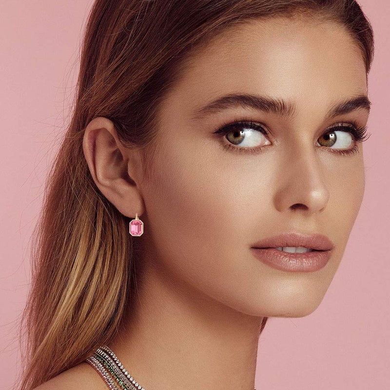 EVEVIC Austrian Crystal Octagon Leverback Drop Earrings for Women 14K Rose Gold Plated Hypoallergenic Jewelry (Rose Pink) - Image 2